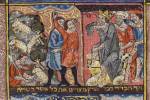 Rylands Haggadah, 14th century Spain. Left: livestock pestilence. Right: Shechin. 